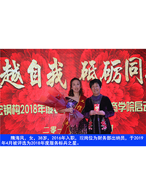 隋海风，，，，女，，，，38岁，，，，2016年入职，，，，现岗位为财务部出纳员，，，，于2019年4月被评选为2018年度效劳标